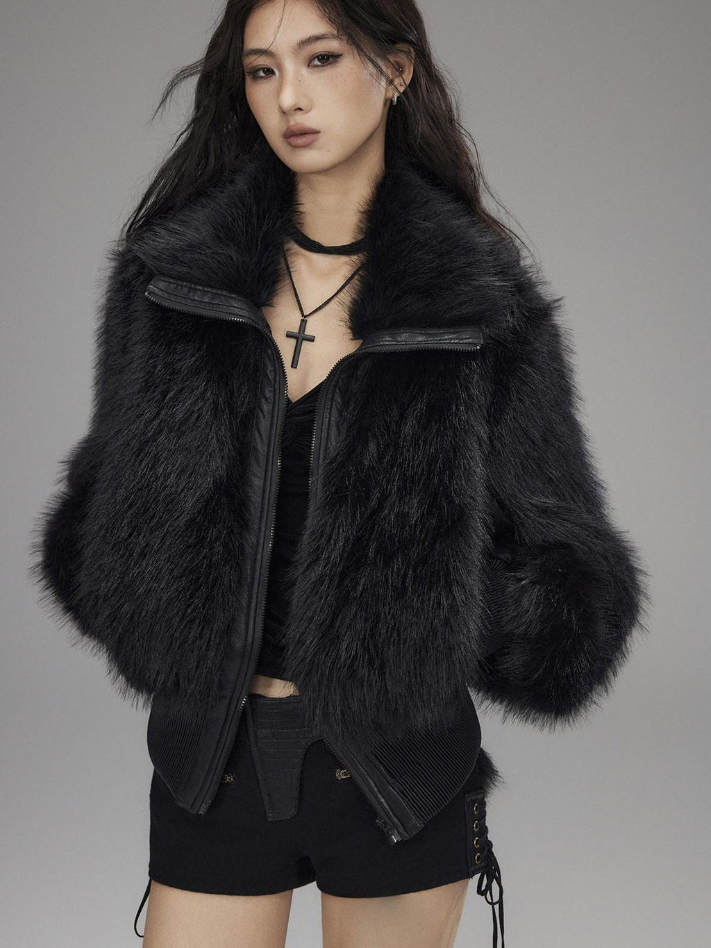 Warm Thick Black Sexy Slim Fit Spandex Zipper Lapel Women Cropped Jackets