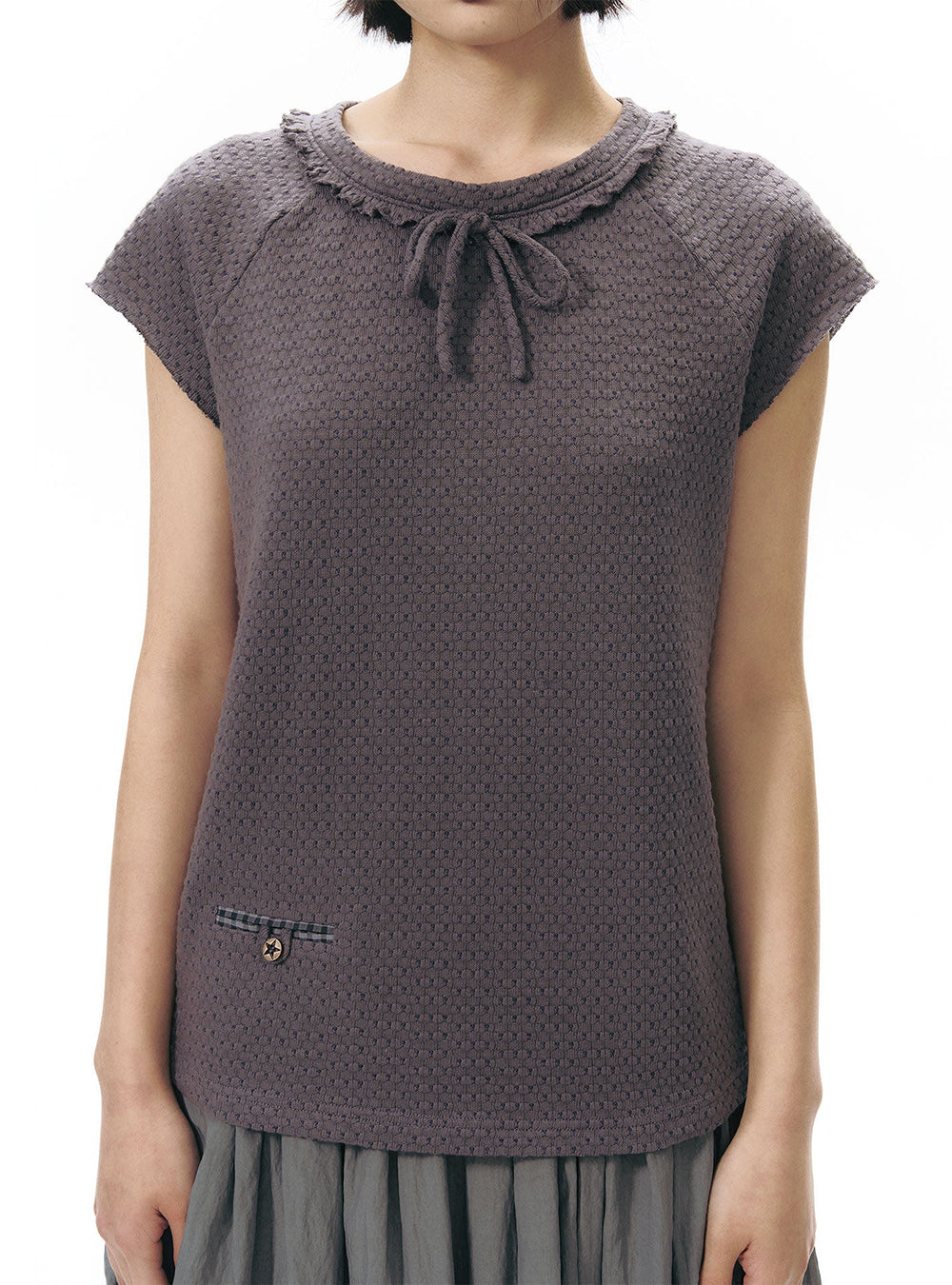 Grayish Purple Ribbon Neck Top