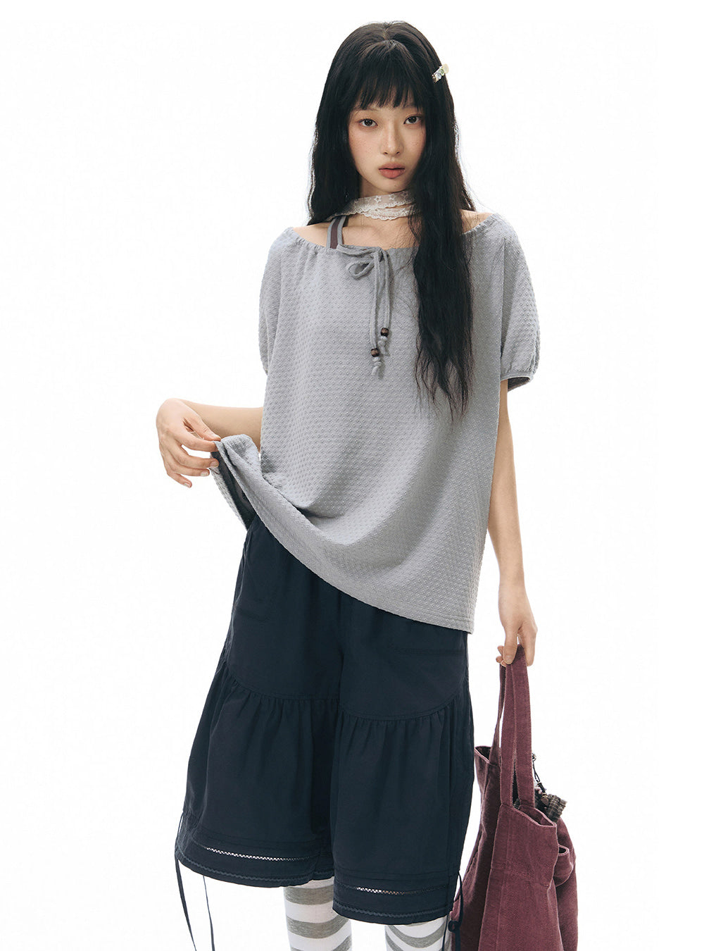 Layered Stripe Sleeve String Top (2color)
