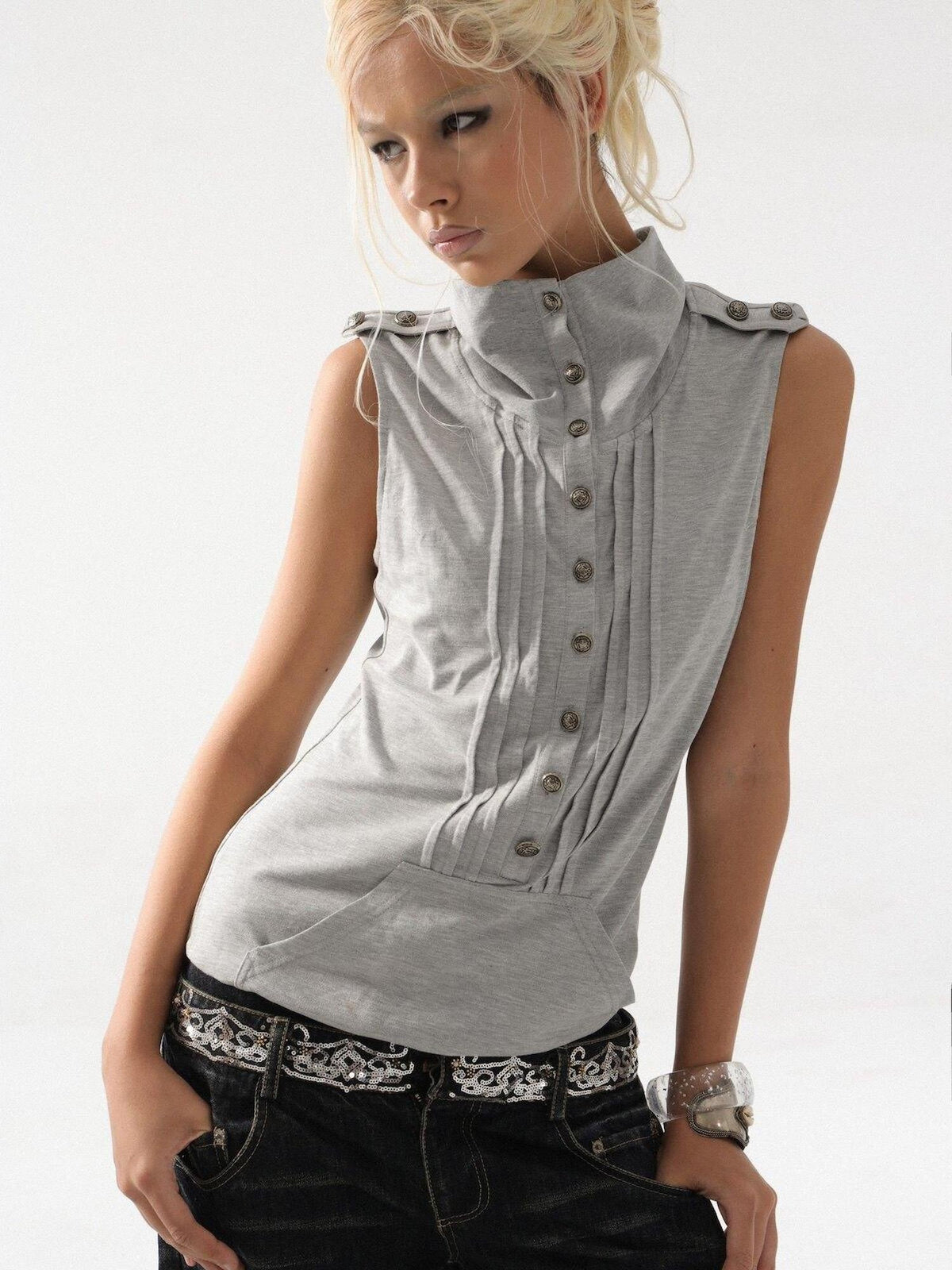 Metal Button Epaulet Convertible Half High Neck Women'S Cotton Blend Tank Tops