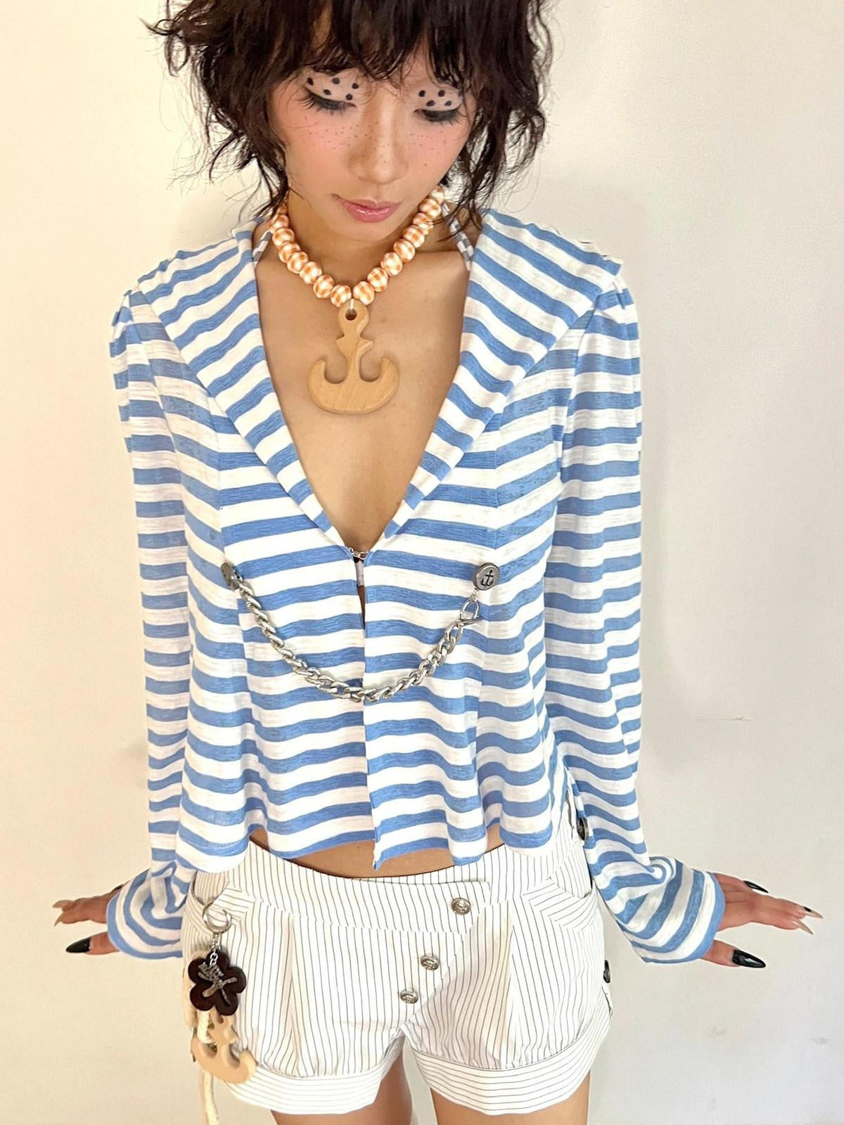 Uv Asymmetric Slim Longsleeve Women Blue Striped Cross Print Basic Crop Tops