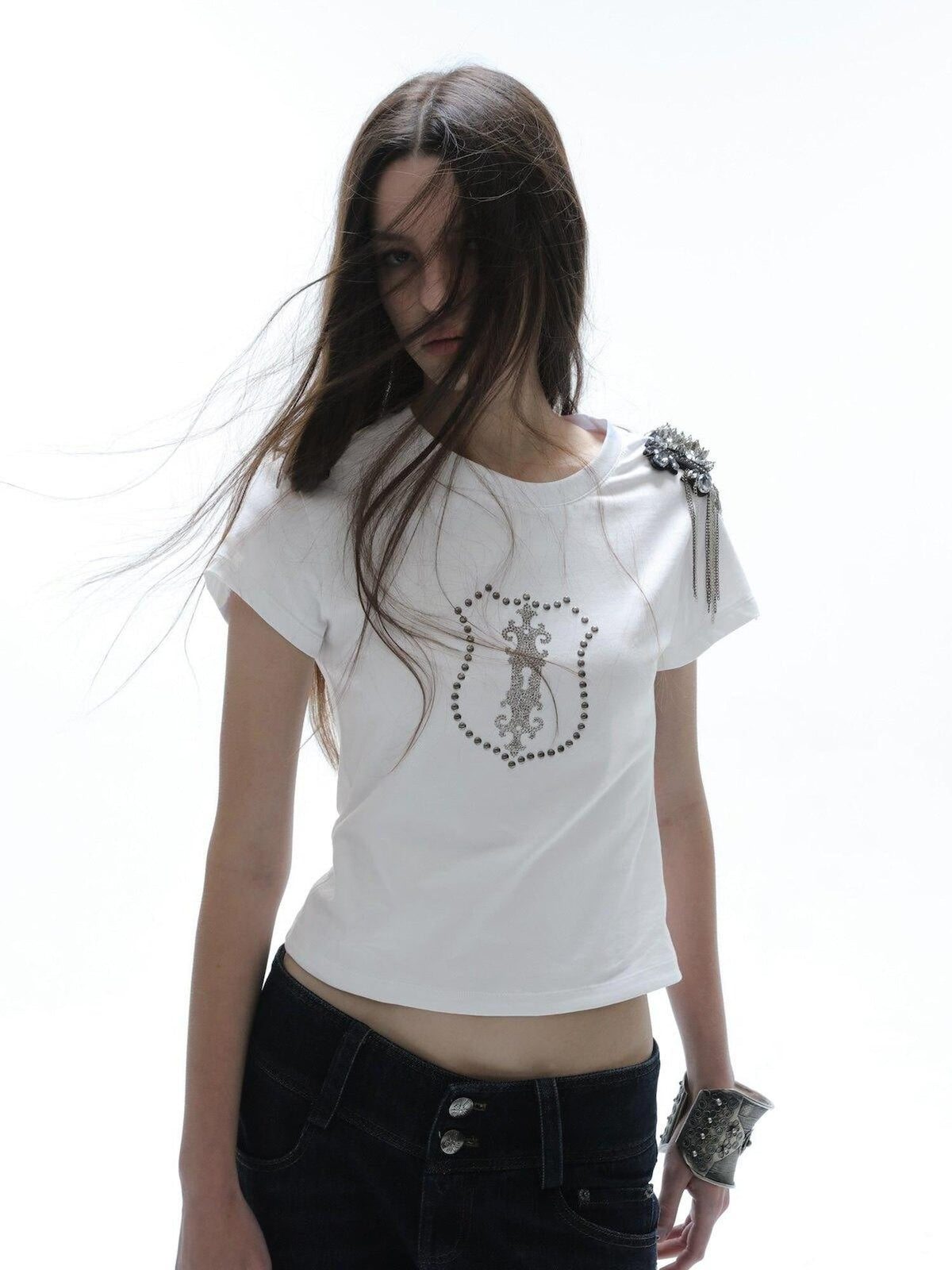 Cropped Hotfix Rhinestone Slim Fit Vintage Women'S Cotton Short Sleeve T-Shirts