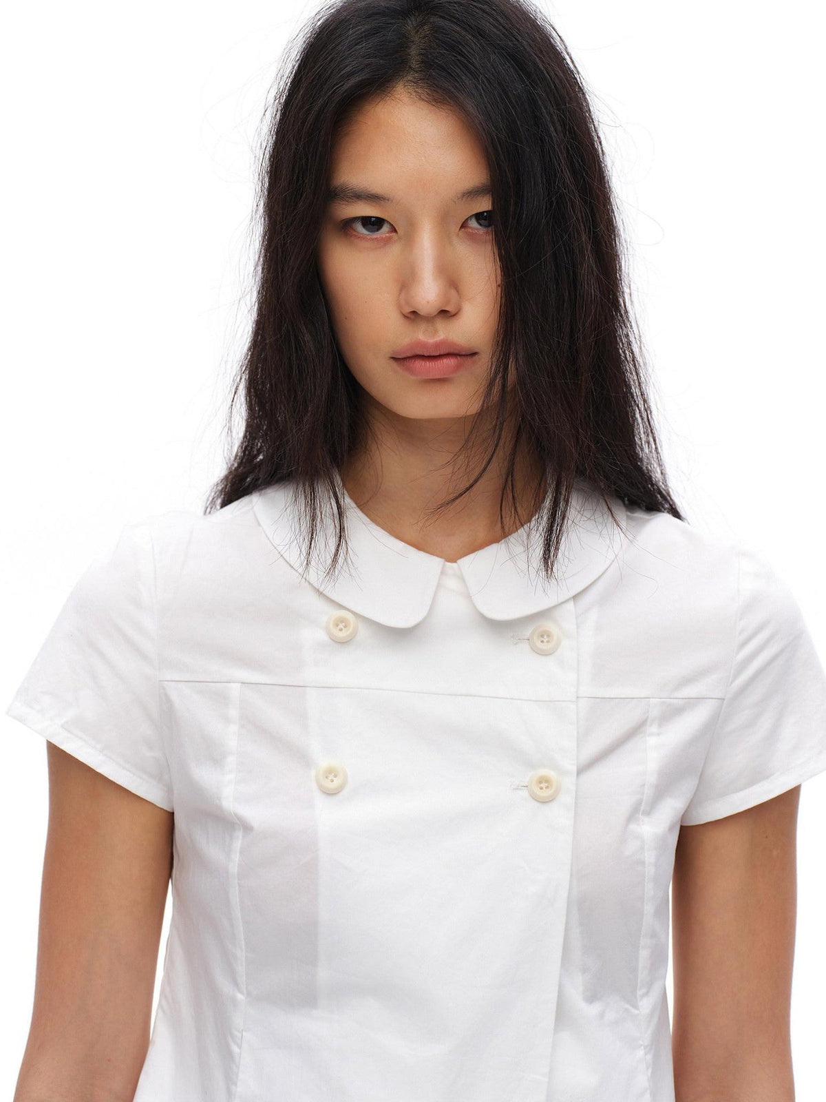 White Double Button Peter Pan Collar Slim Fit Short Sleeve Women'S Cotton Shirts
