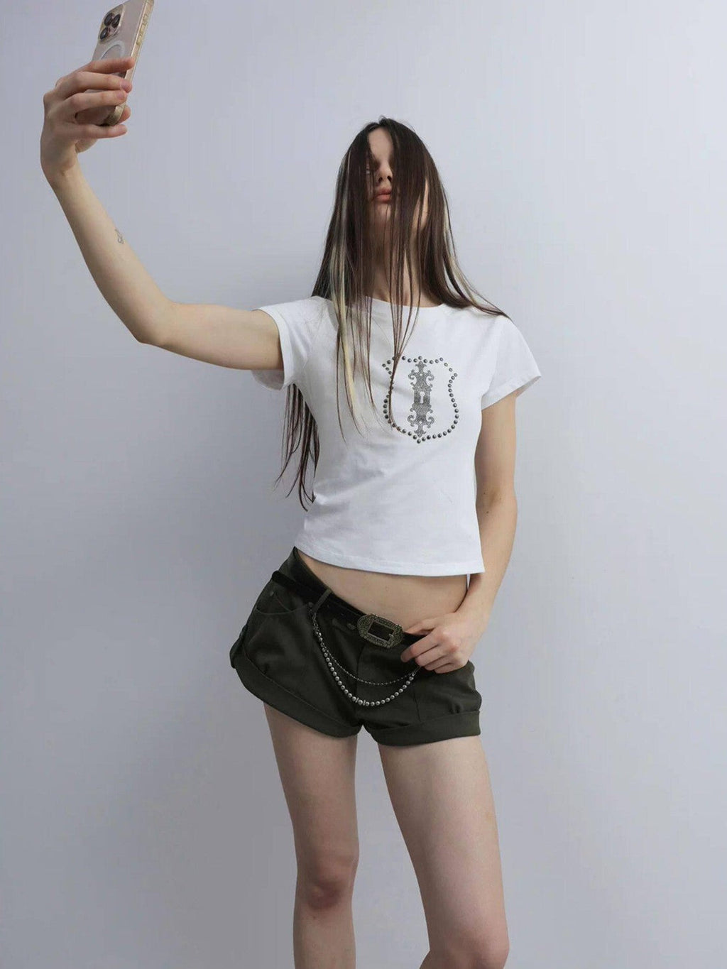 Cropped Hotfix Rhinestone Slim Fit Vintage Women'S Cotton Short Sleeve T-Shirts