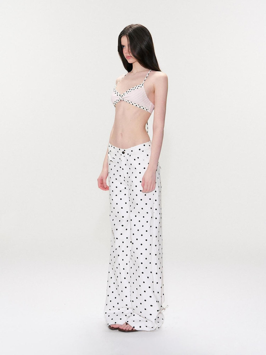 White Polka Dot V Waist Loose Fit Button Fly Women Denim Straight Leg Jeans