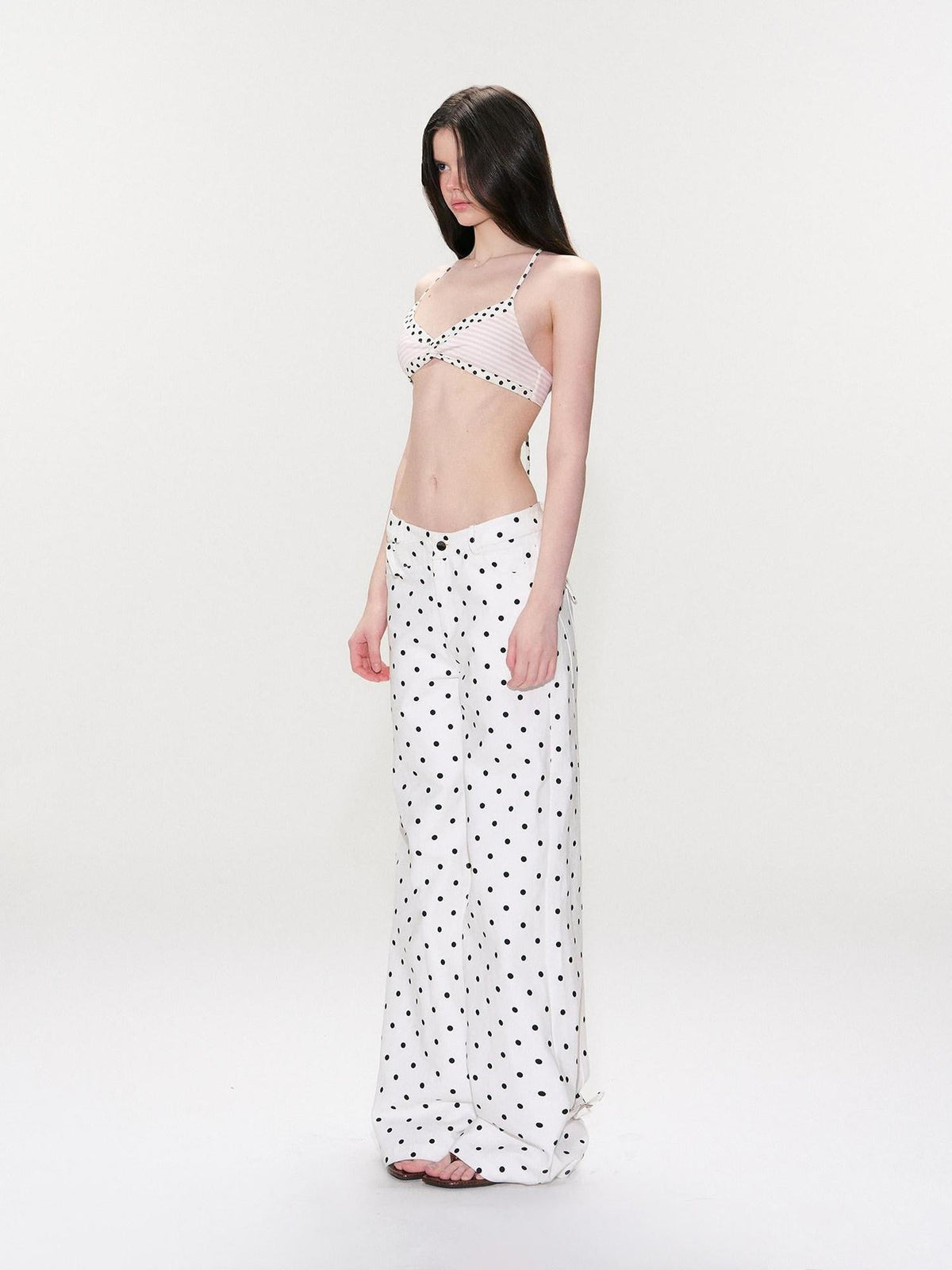 White Polka Dot V Waist Loose Fit Button Fly Women Denim Straight Leg Jeans