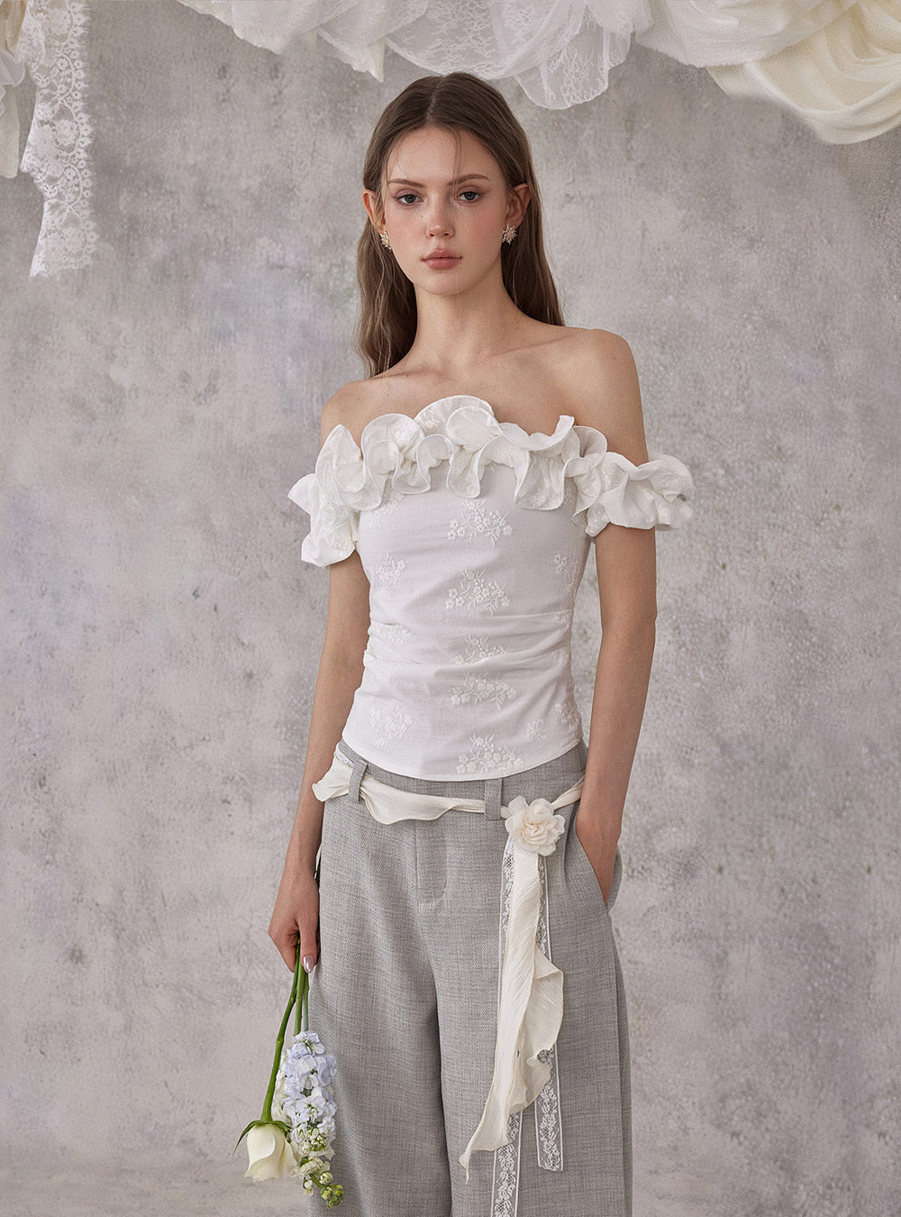 White Jacquard Off-Shoulder Frill Top