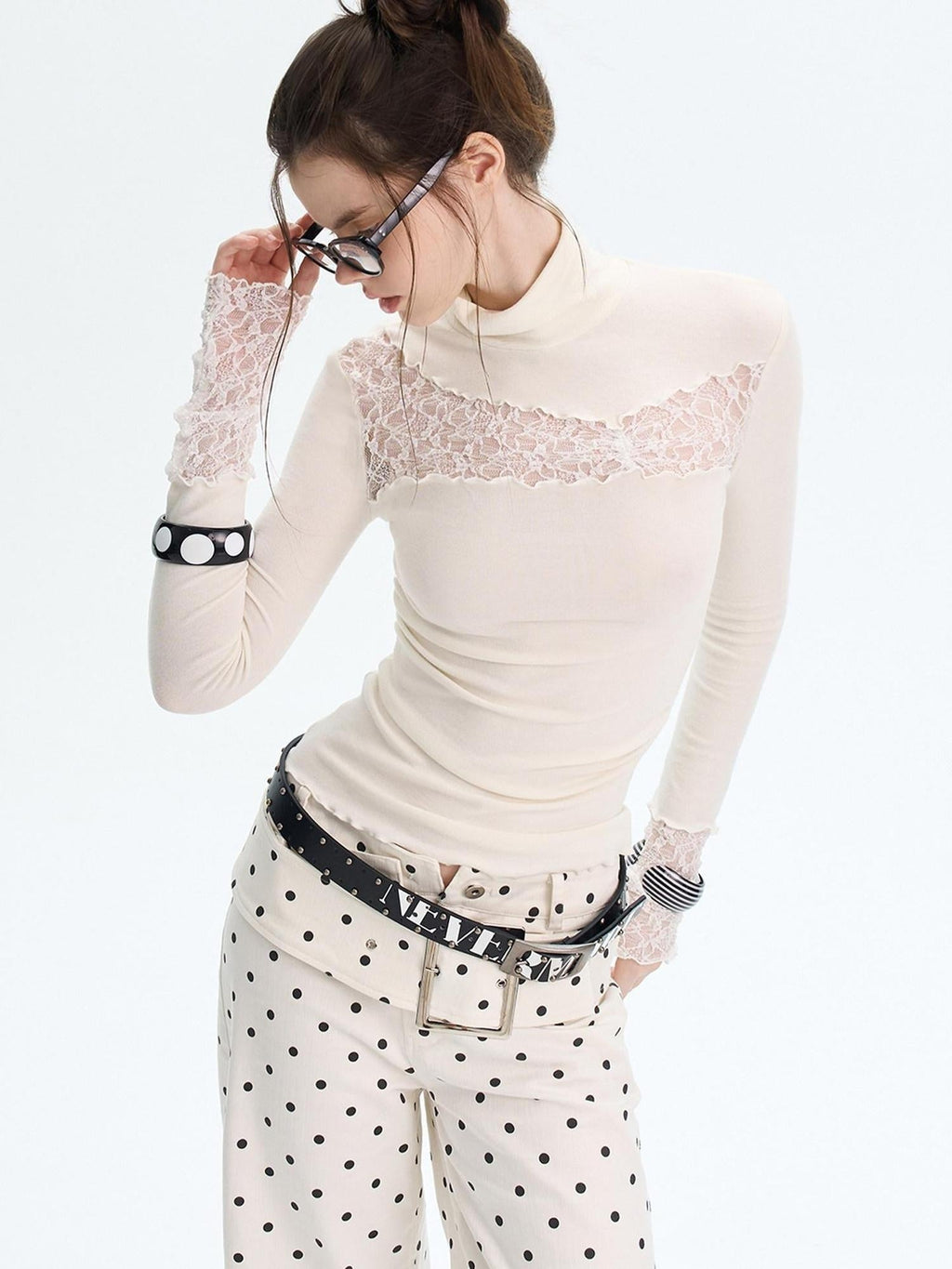 Sexy Slim Viscose Knit High Neck Women Splice Black White Long Sleeve T-Shirts