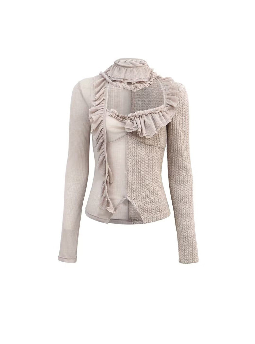 Patchwork Ruffle Ribbon Knit Top (2color)