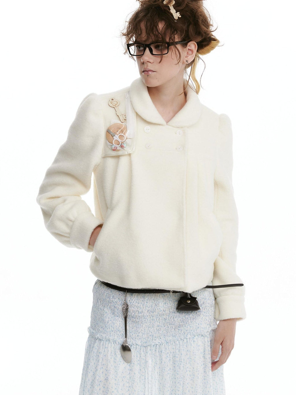 Cozy Faux Lambswool Double Breasted Puff Short Doll Collar Women Cropped Jackets