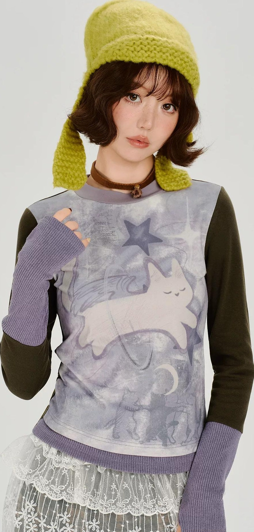 Girlyhalo |  RETRO CARTOON SPLICED LONG SLEEVE T-SHIRT【ID:TN00014】