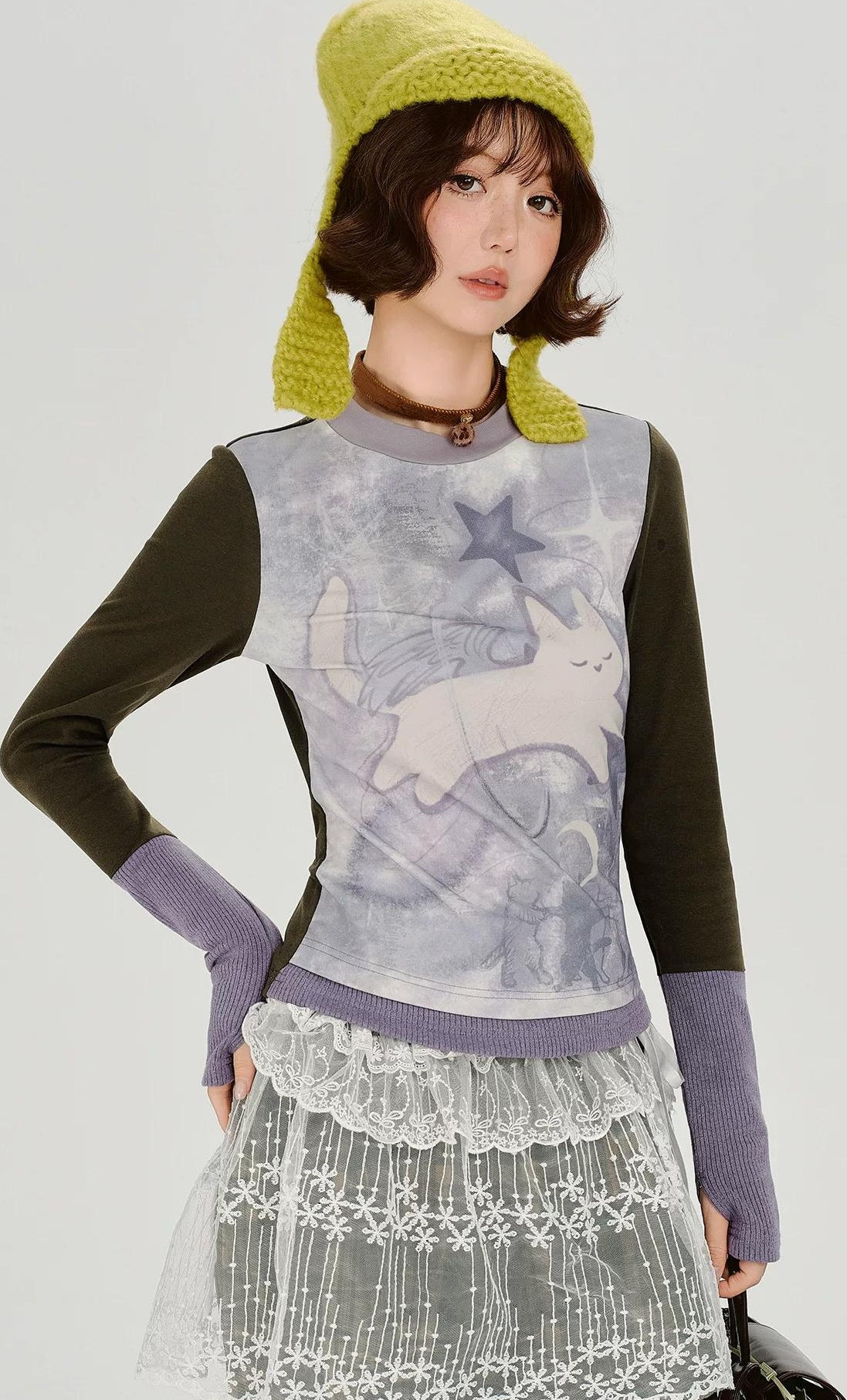 Girlyhalo |  RETRO CARTOON SPLICED LONG SLEEVE T-SHIRT【ID:TN00014】