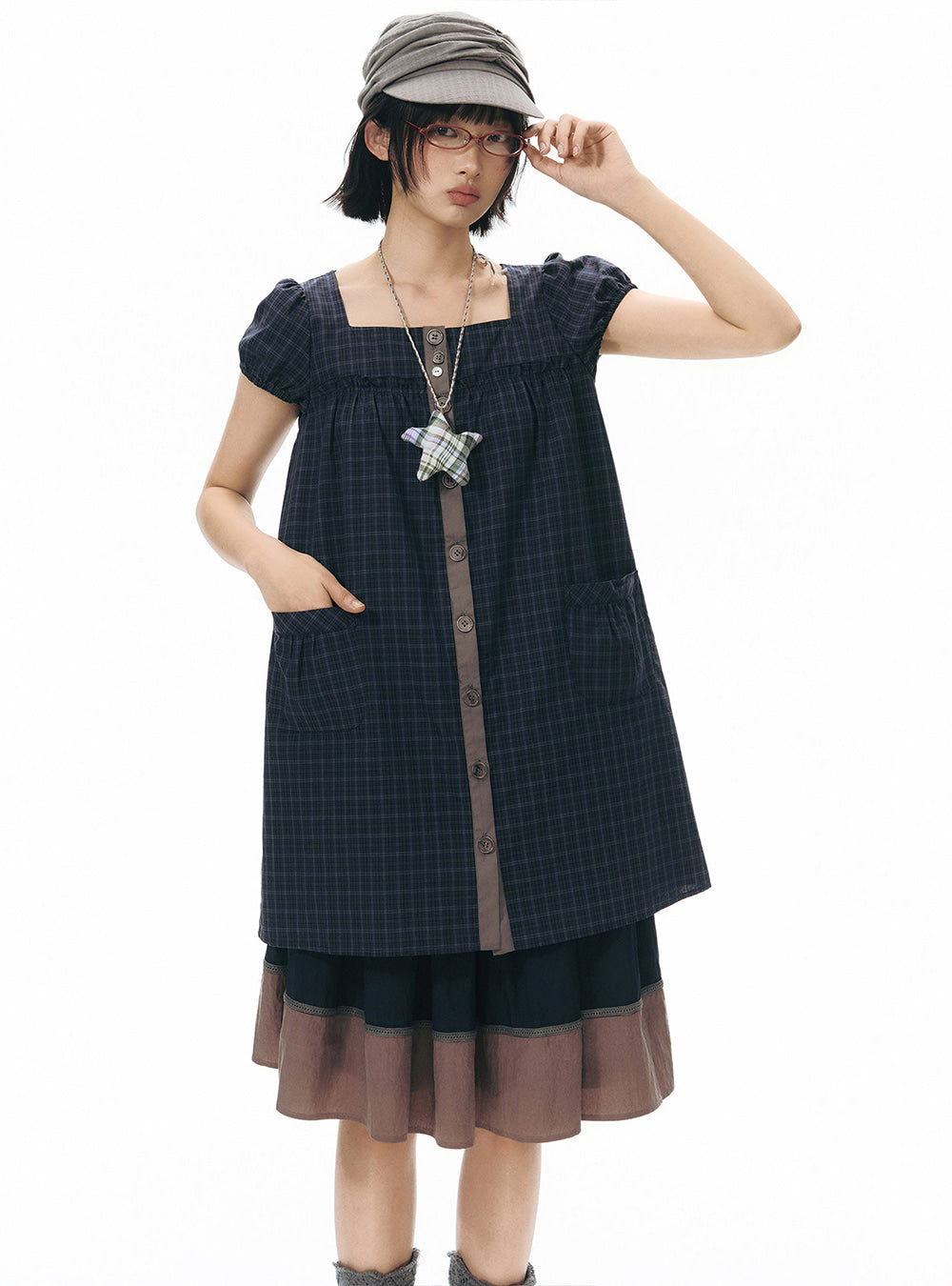 Midnight Check Puff Mini Dress