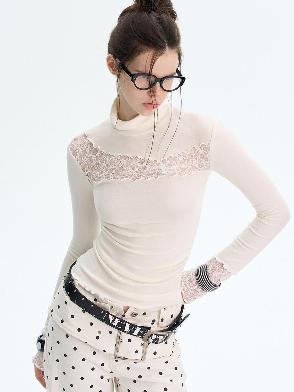 Sexy Slim Viscose Knit High Neck Women Splice Black White Long Sleeve T-Shirts