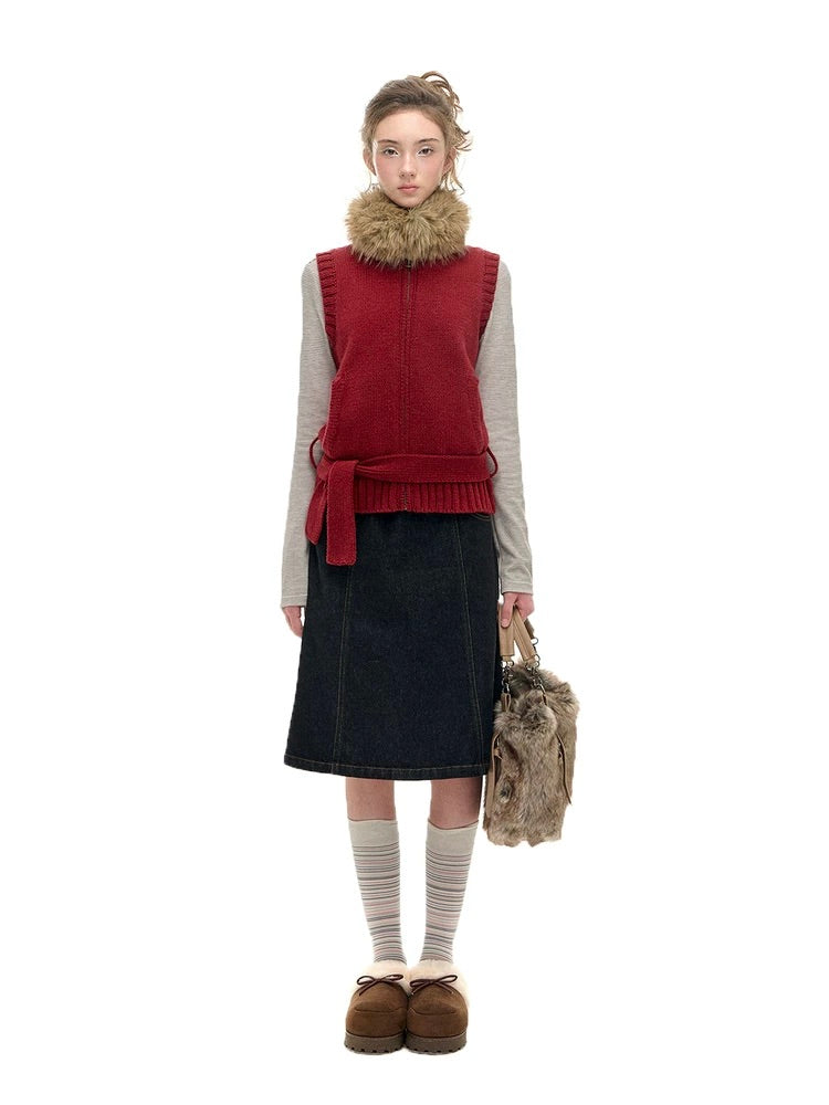 Romance Nanci Detachable Fur Collar Red Knit Layered Vest