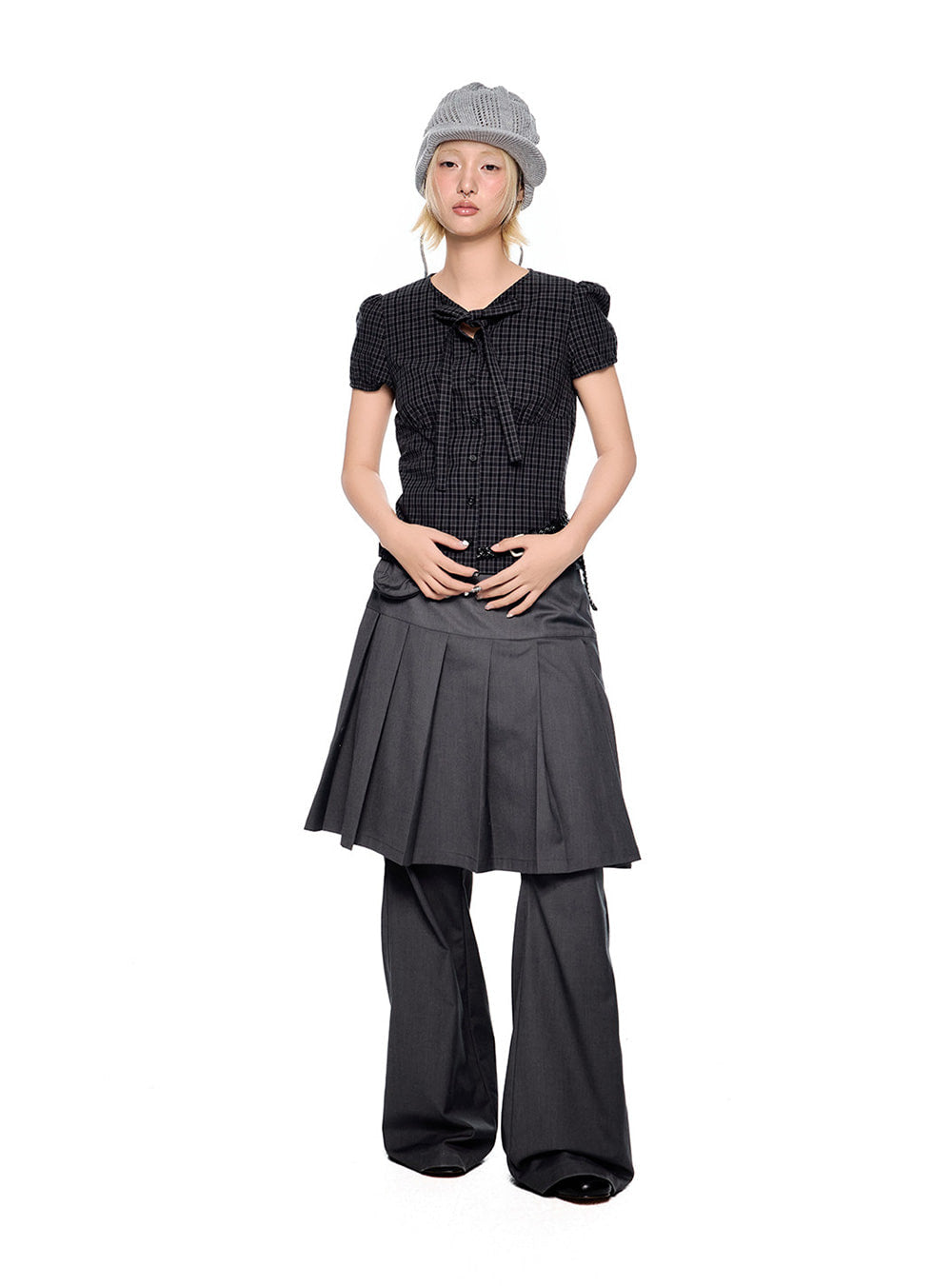 Ribbon Check Puff Blouse Top