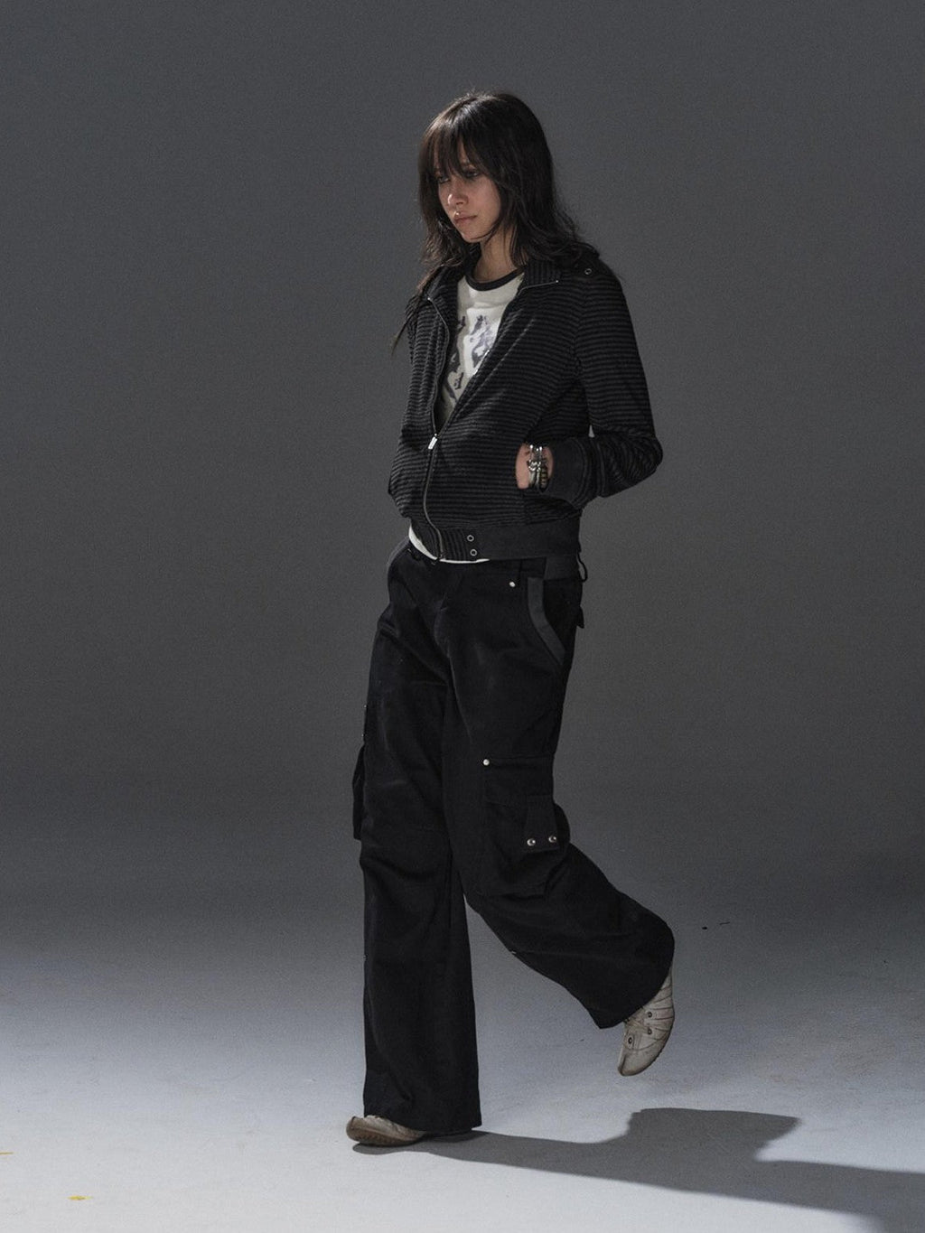 Black Gray Striped Eyelet Tape Splice Punk Women'S Polyester Casual Jackets