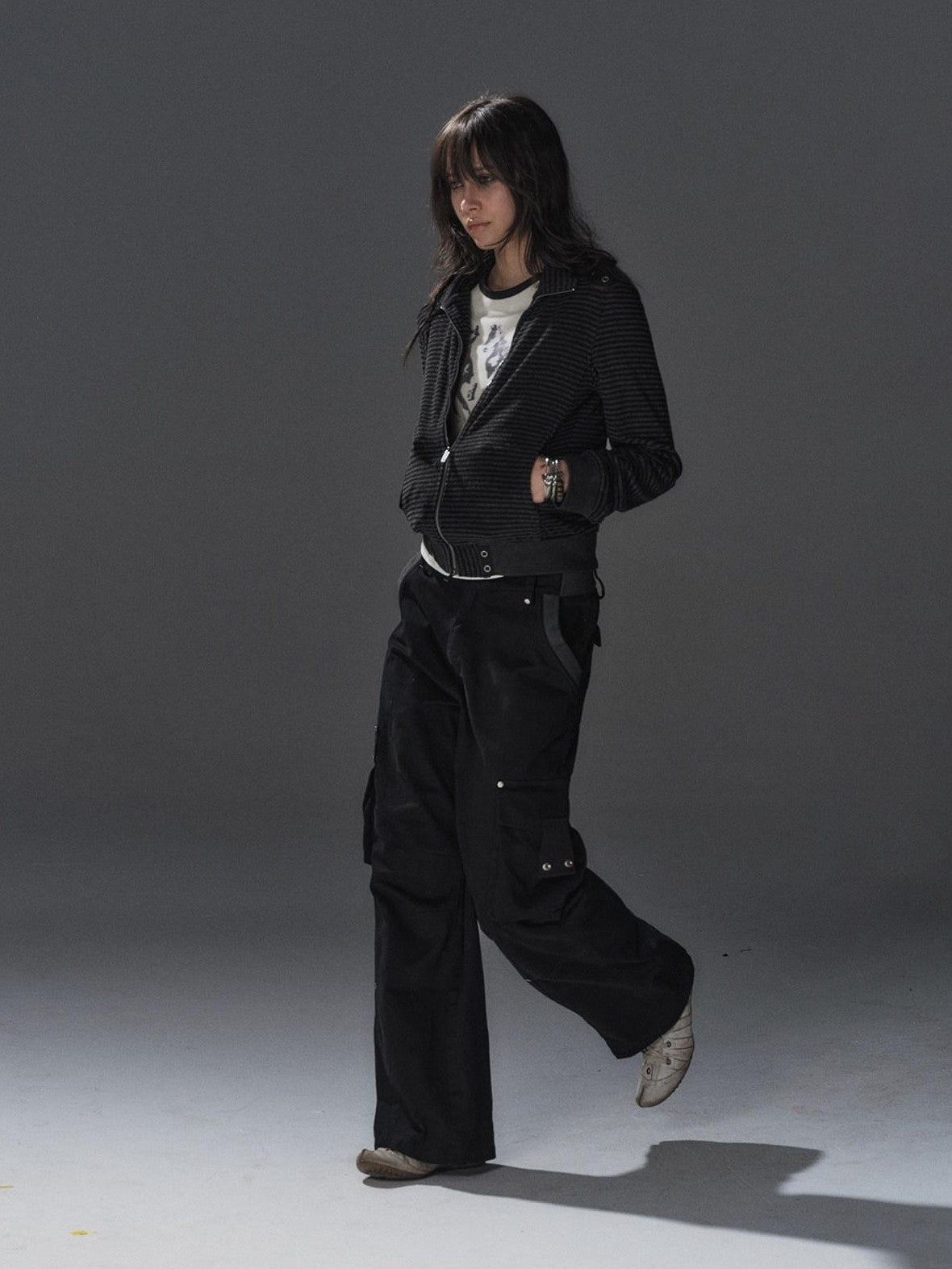 Black Gray Striped Eyelet Tape Splice Punk Women'S Polyester Casual Jackets