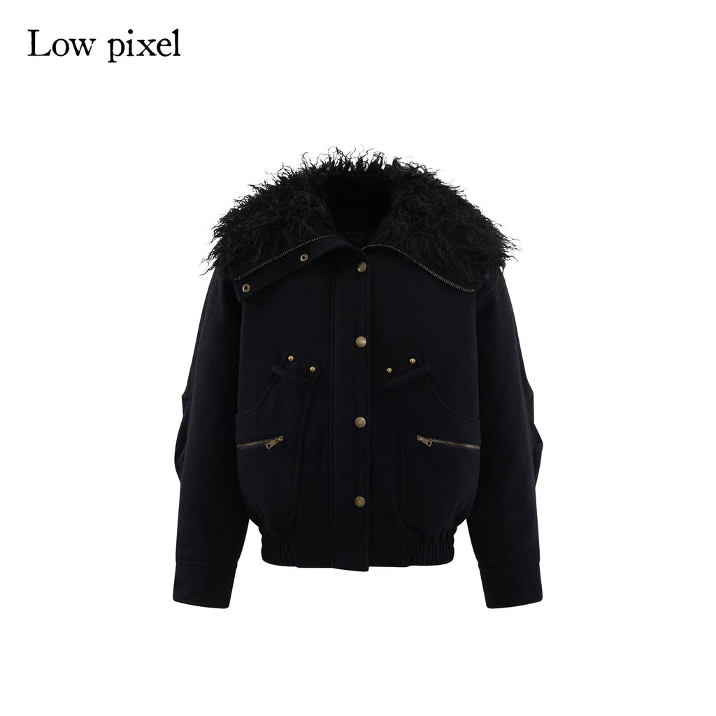 Thick Wool Blend Multi Pocket Loose Fit Sexy Girl Black Zipper Cropped Jackets