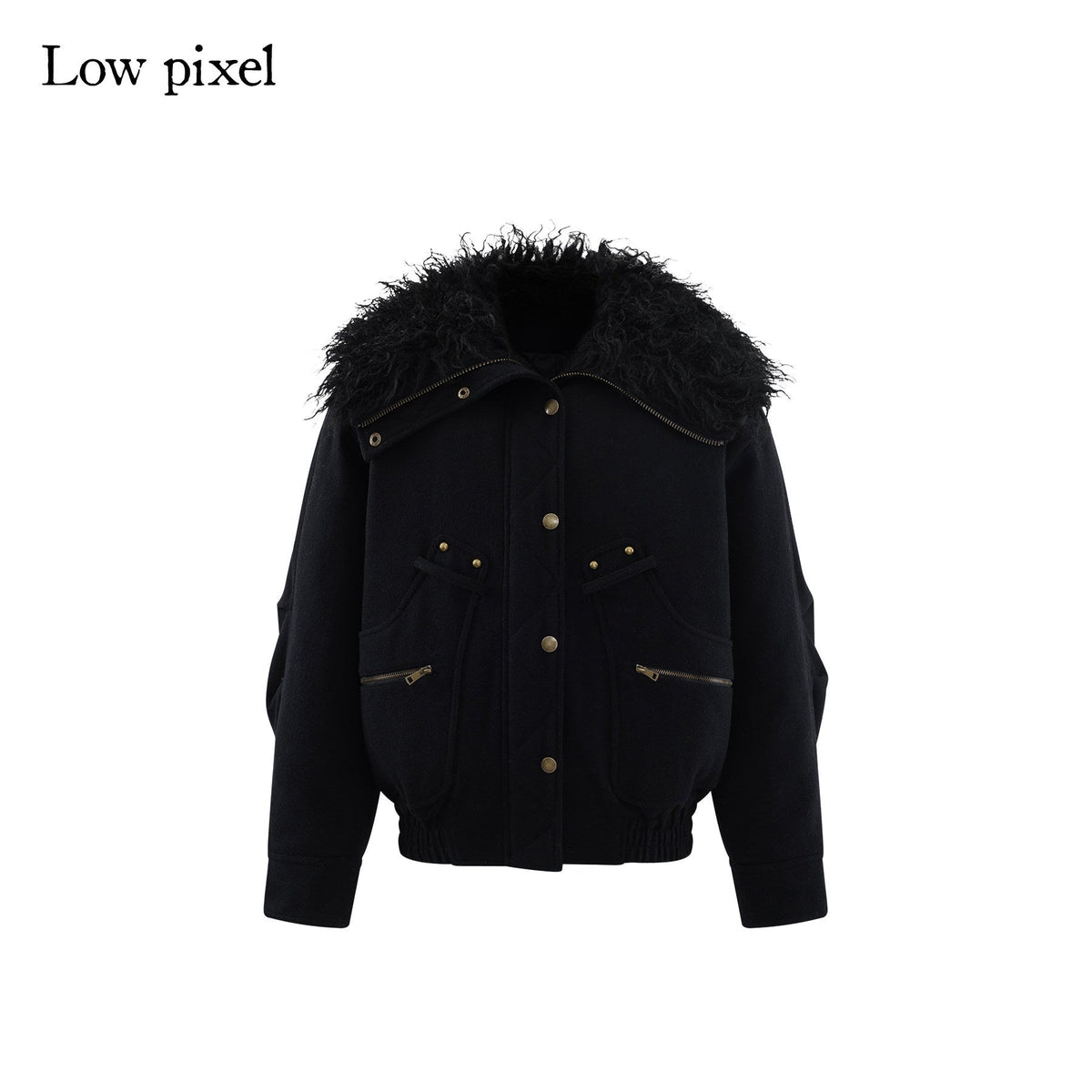 Thick Wool Blend Multi Pocket Loose Fit Sexy Girl Black Zipper Cropped Jackets
