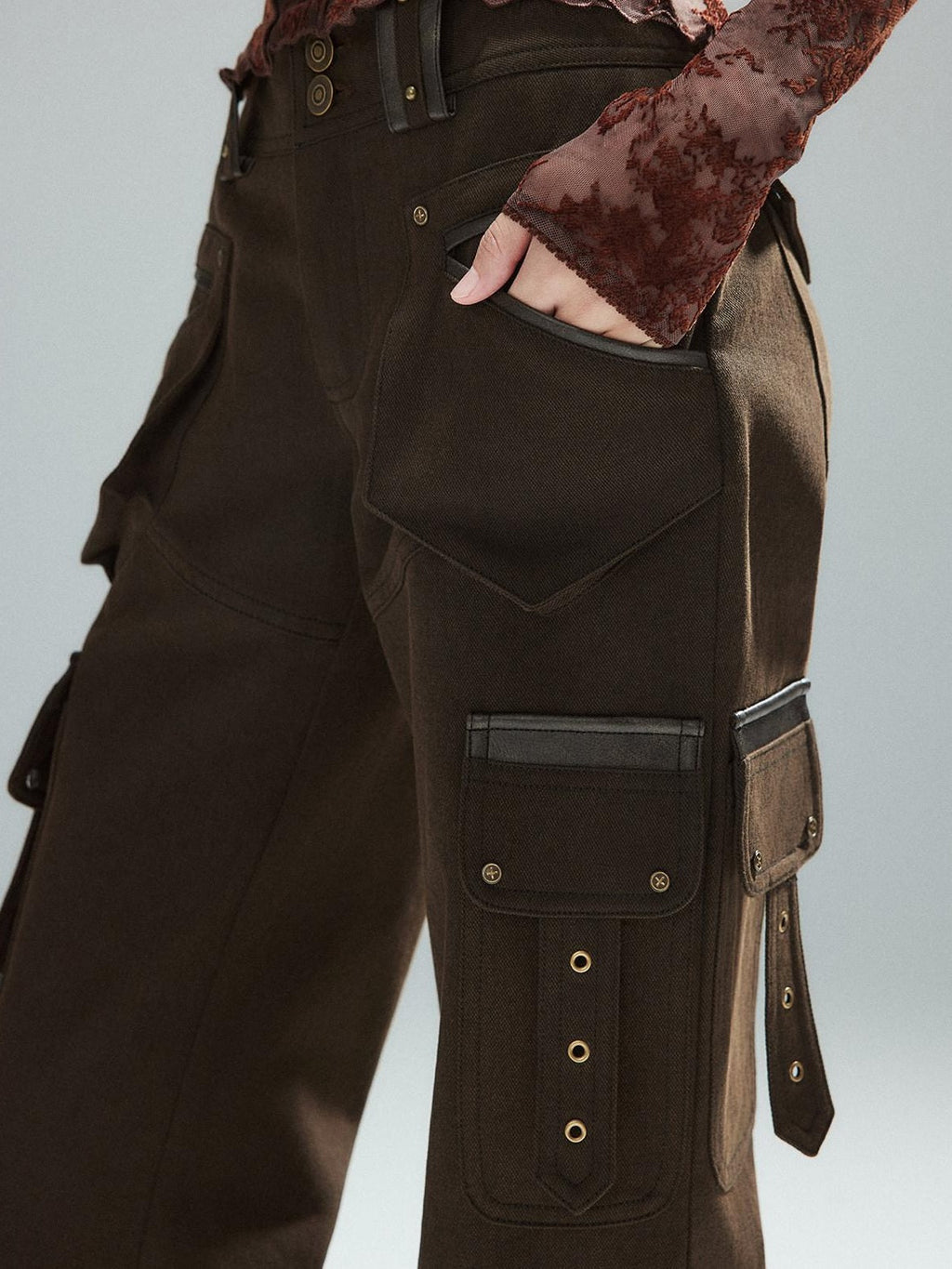 Slim Low Rise Cotton Flare Street Style Zipper Brown Women Cargo Pants