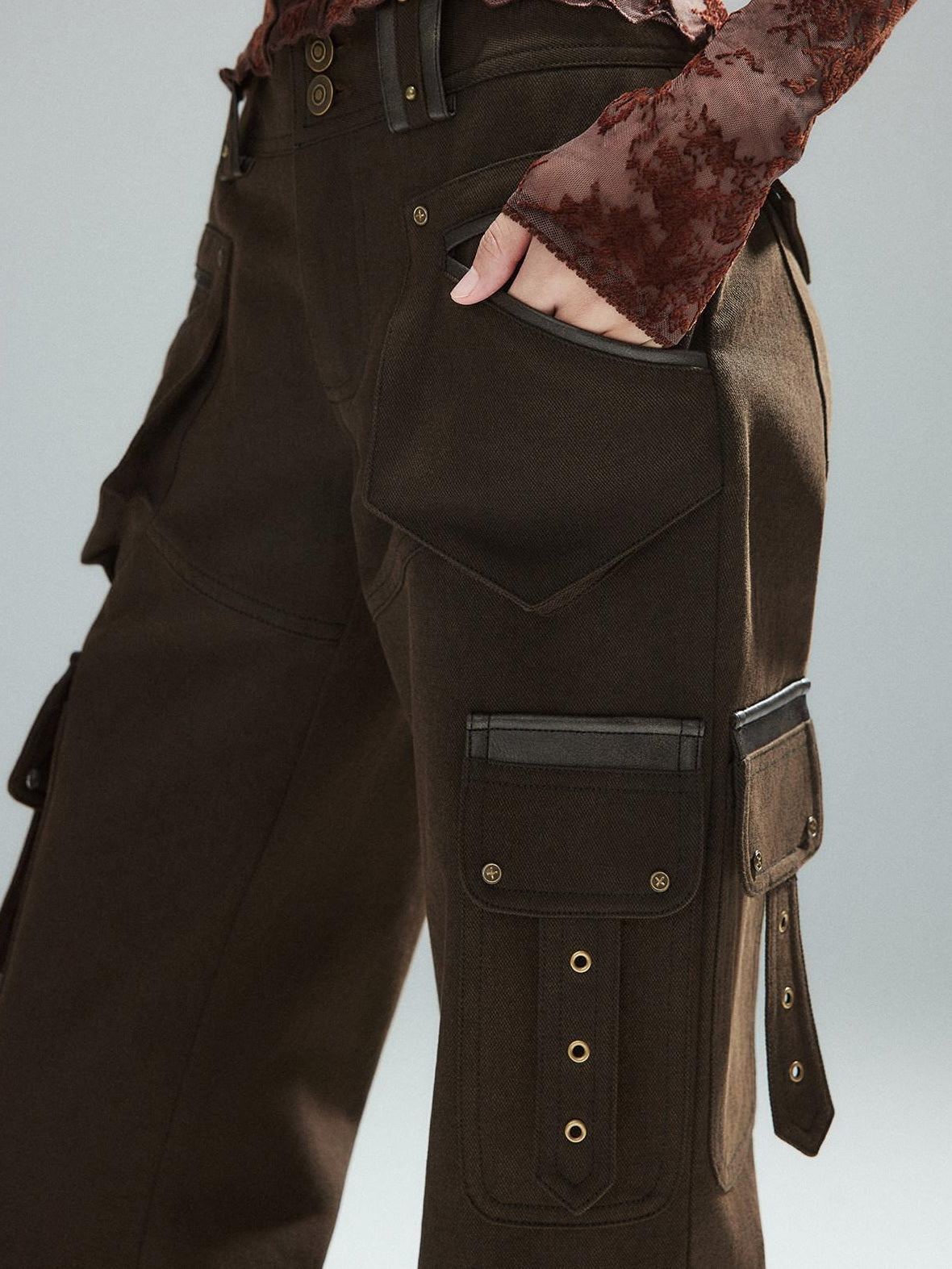 Slim Low Rise Cotton Flare Street Style Zipper Brown Women Cargo Pants
