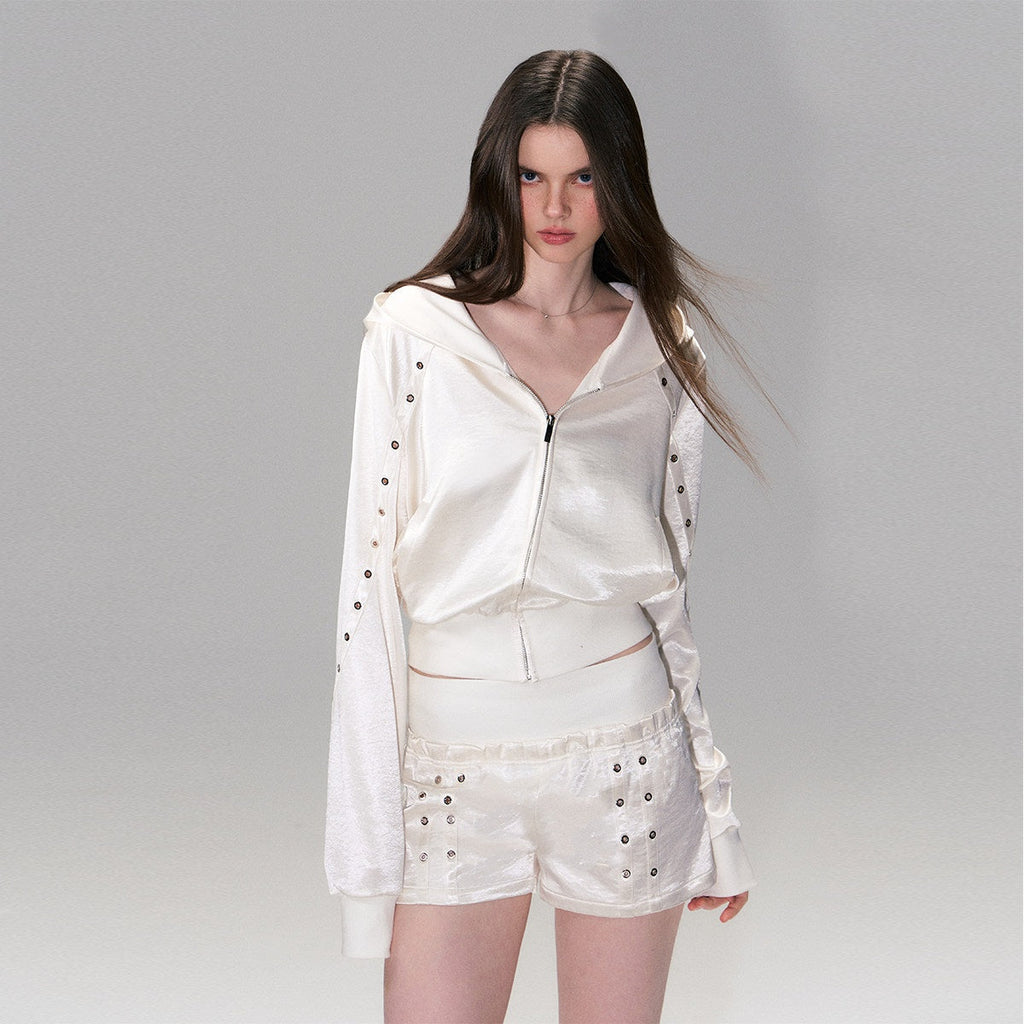 Cozy Cropped Two Piece Set Long Sleeve High Waist Shorts Women Solid Hoodie