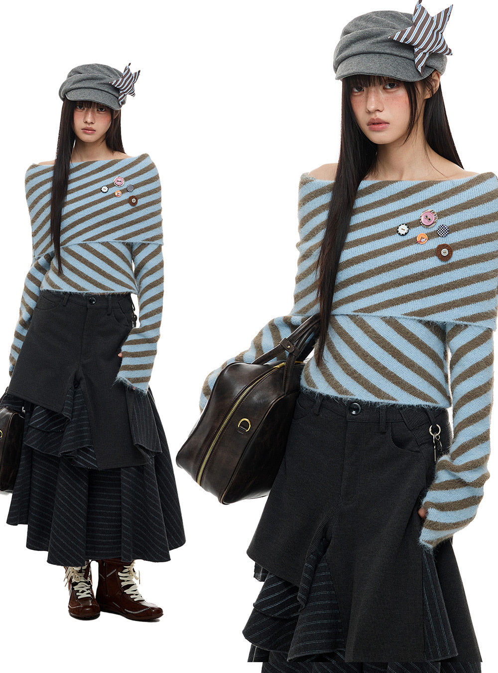 Blue Brown Stripe Off-Shoulder Knit Top