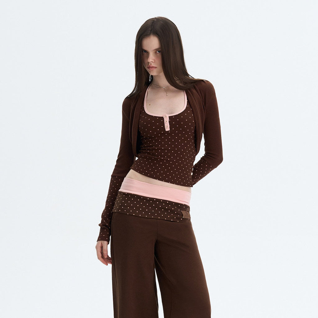 Polka Dot Patchwork Three Piece Long Sleeve Women Long Pants Top & Pants Sets