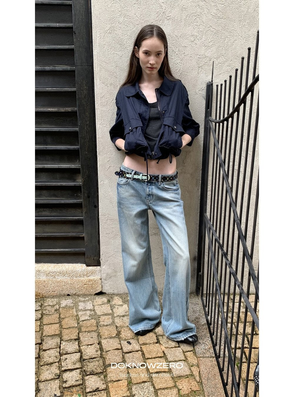 Navy Drawstring Crop Jacket