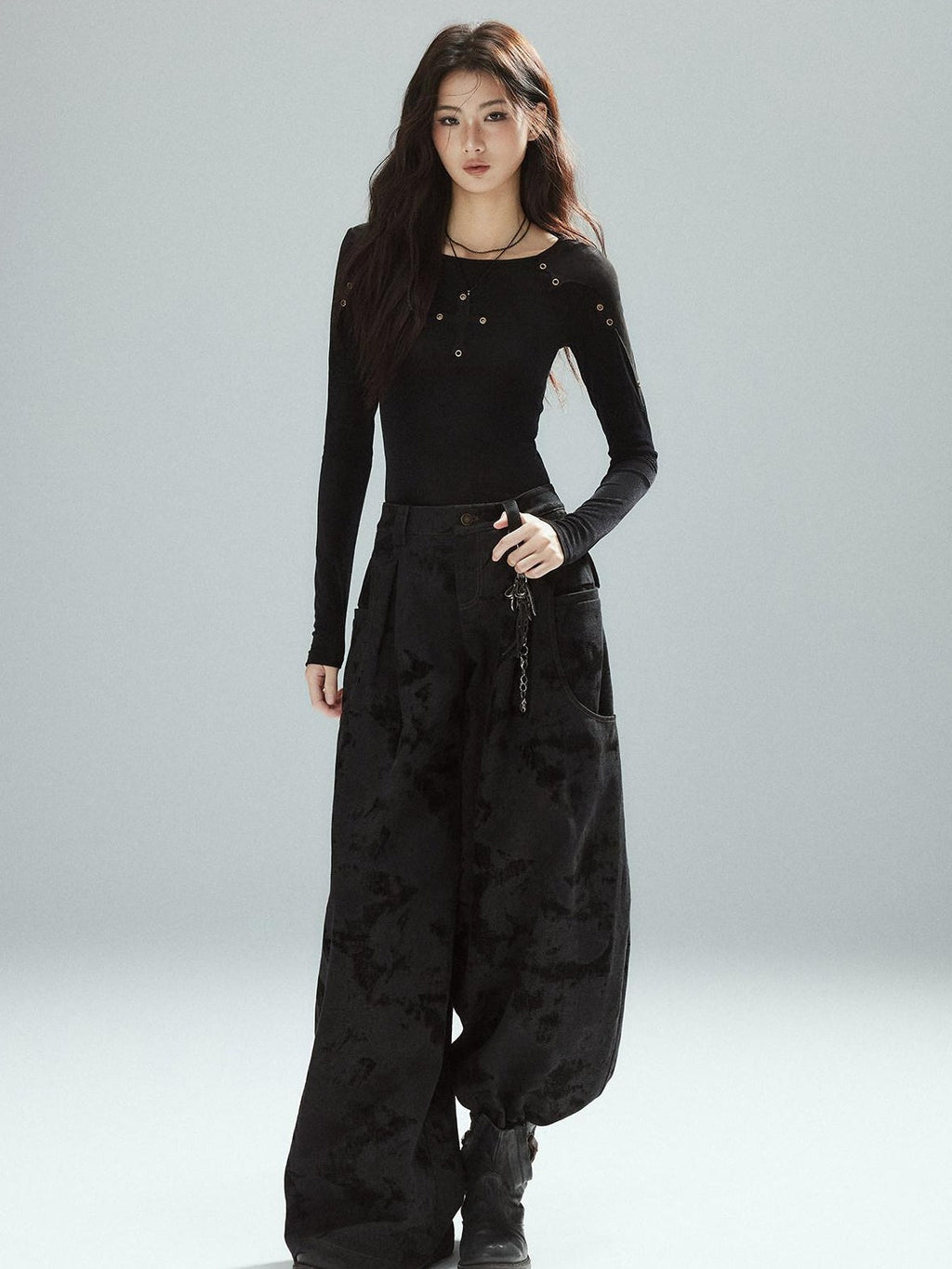 Black Cotton Flocked Low Rise Loose Street Women Zip Fly Wide Leg Jeans