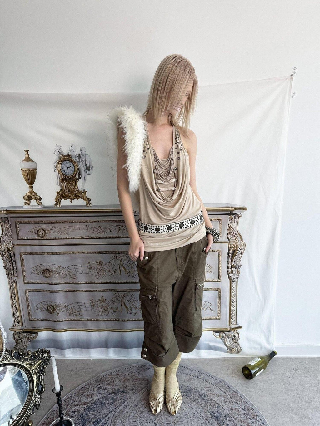 Vintage Biker Washed Cargo Women'S Cotton Flare Cropped Pants