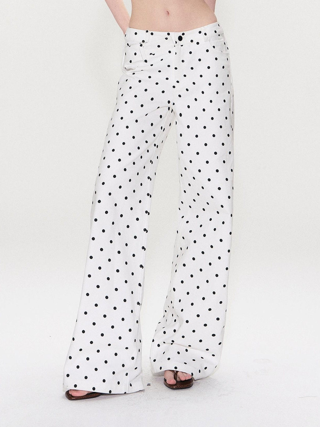 White Polka Dot V Waist Loose Fit Button Fly Women Denim Straight Leg Jeans