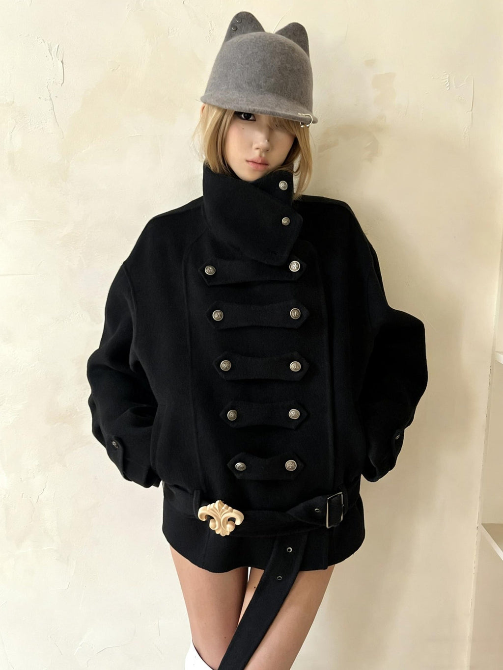 Warm Wool Blend Pleated Biker Collar Unisex Double Breasted Cropped Wool Coats
