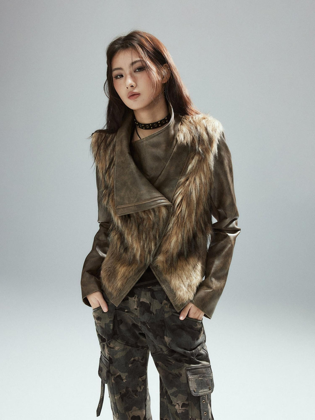 Thick Waist Cinch Patchwork Street Style Women Brown Zipper Lapel Cropped Jackets