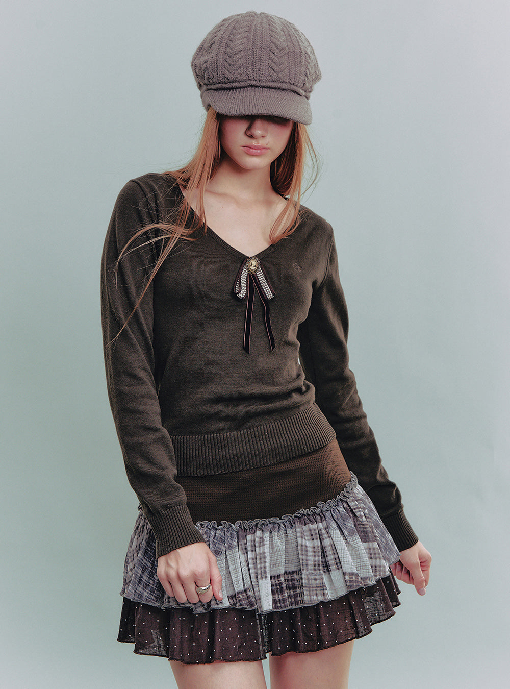 Brown Ribbon Knit Top & Check Skirt
