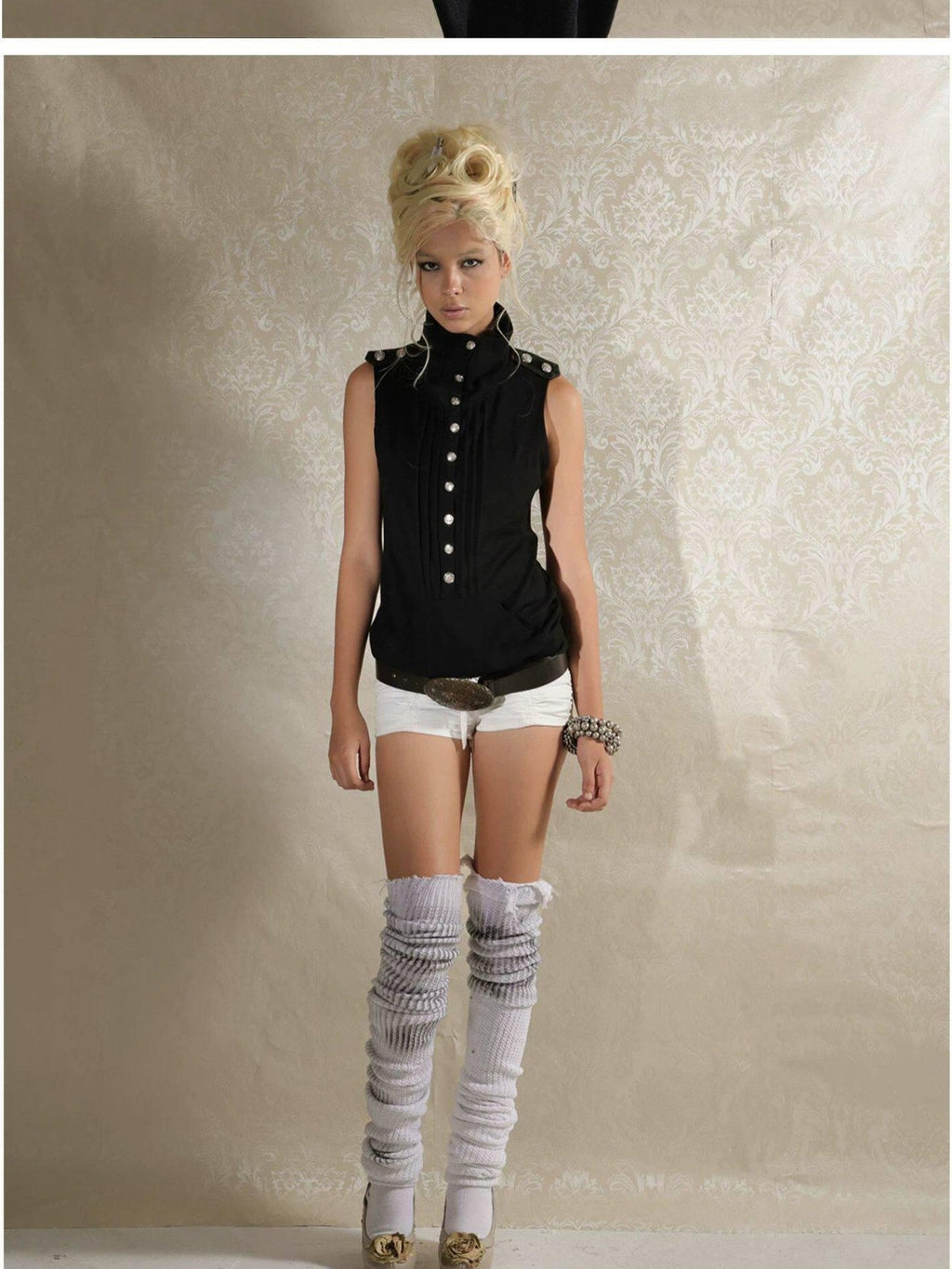 Metal Button Epaulet Convertible Half High Neck Women'S Cotton Blend Tank Tops