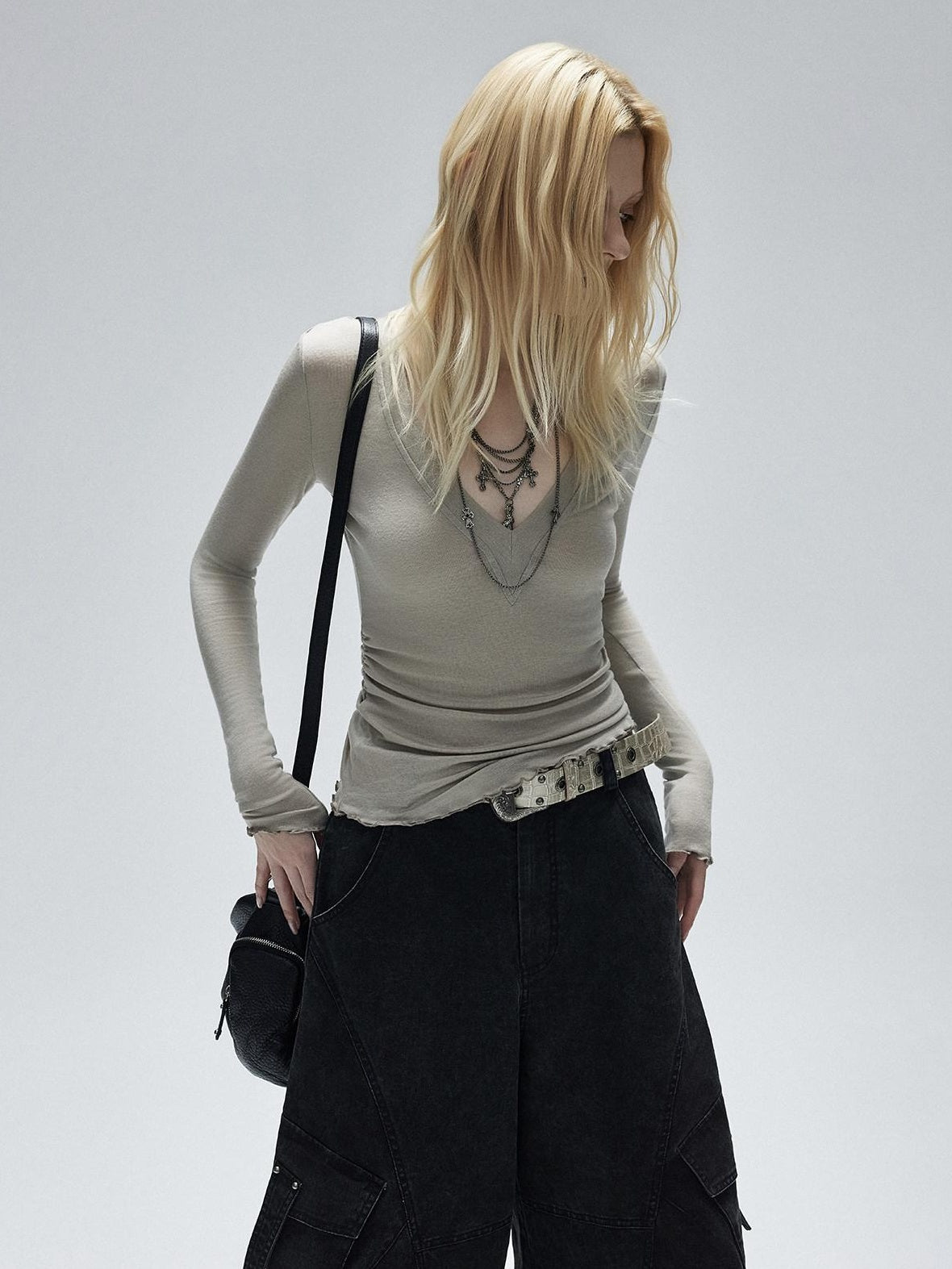 Lyocell Wool Blend Printed Slim V-neck Pullover Women Long Sleeve Crop Tops
