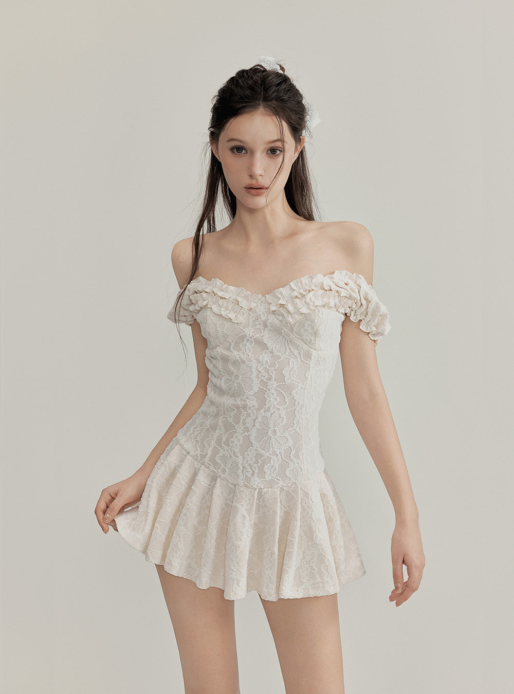 Jacquard Lace Frill Flare Mini Dress
