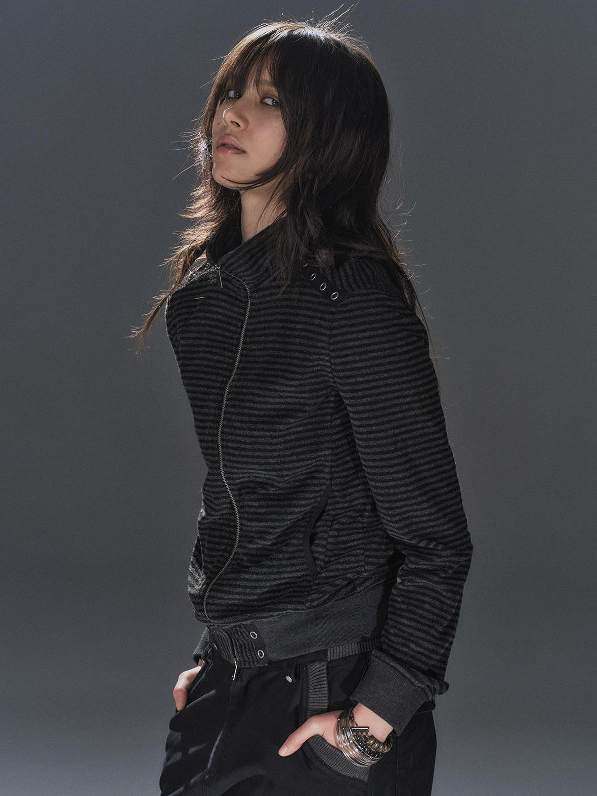 Black Gray Striped Eyelet Tape Splice Punk Women'S Polyester Casual Jackets