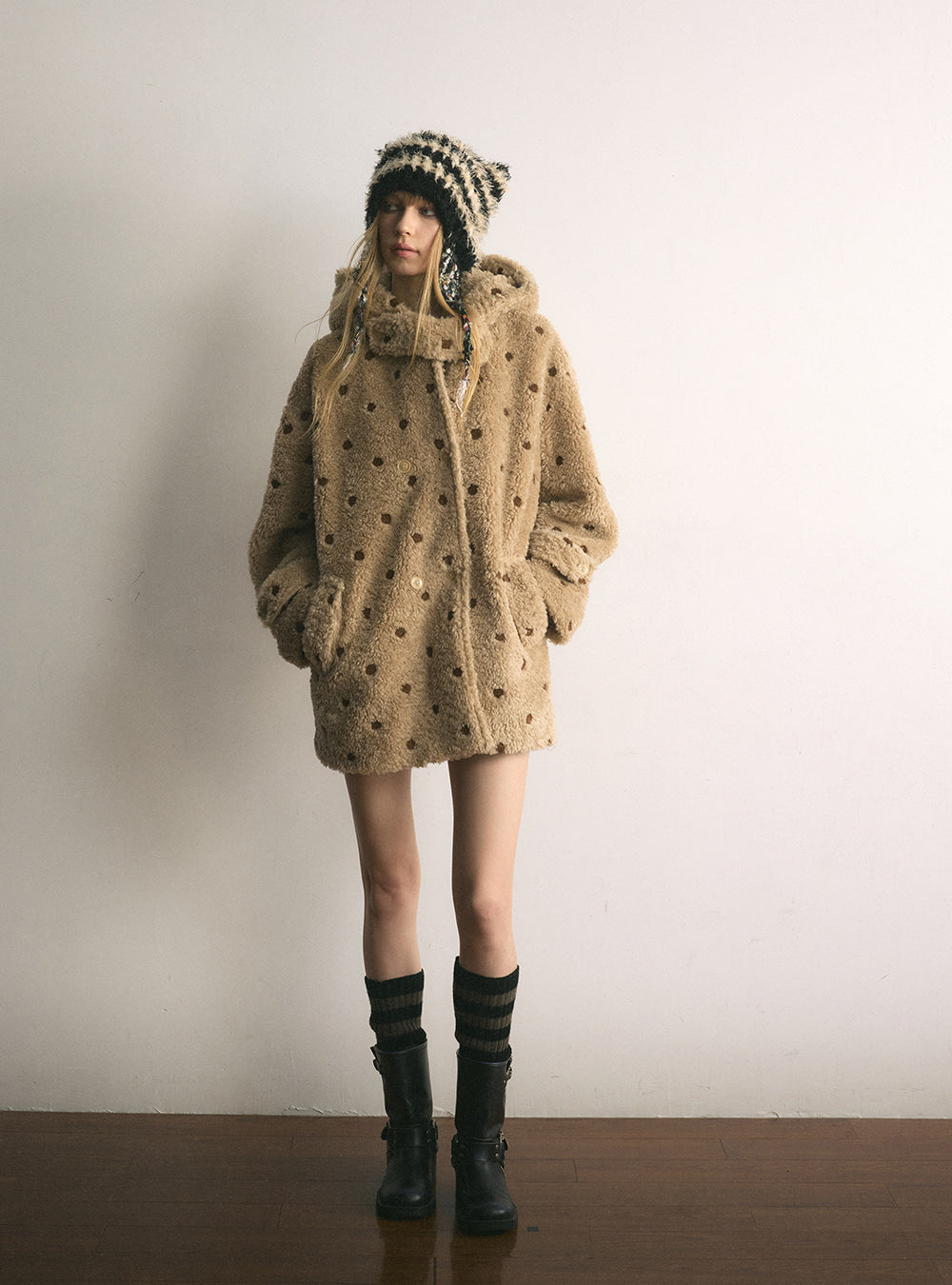 Brown Dot Fleece Hooded Coat