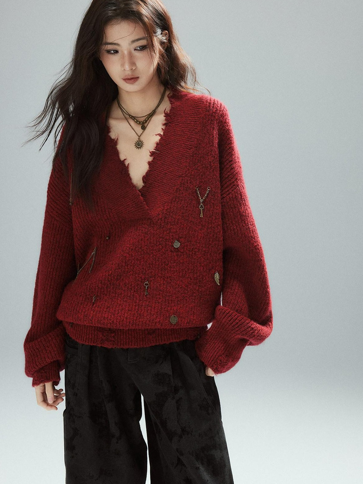 Warm Oversized Street Raw Hem Women V-neck Red Pullover Sweaters
