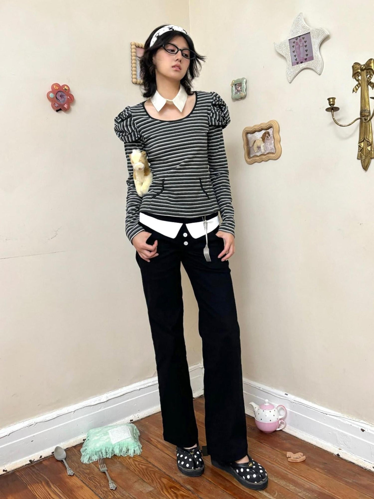 Light Stretch Casual Dual Waist Natural Waist Unisex Black White Straight Pants