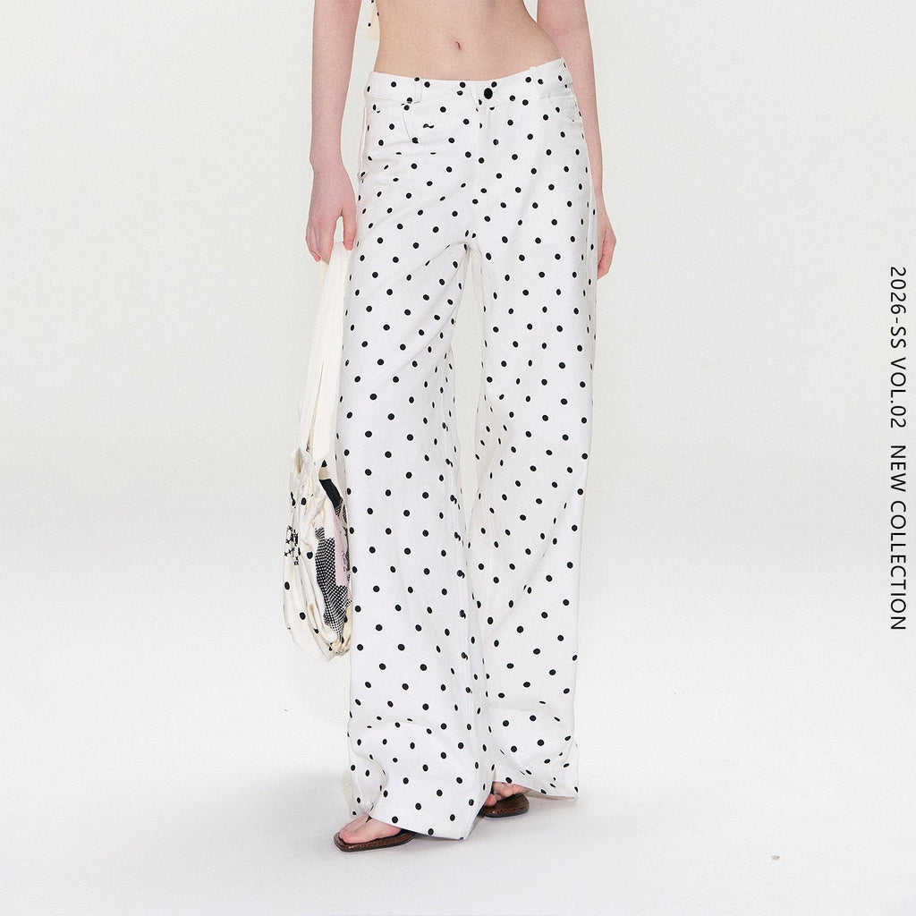 White Polka Dot V Waist Loose Fit Button Fly Women Denim Straight Leg Jeans