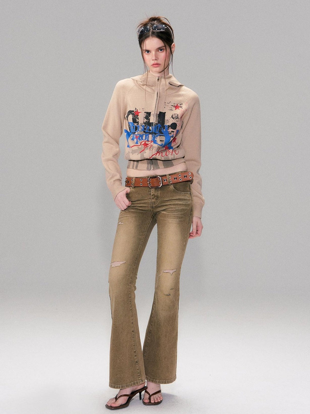 Brown Washed Low Rise Ripped Sexy Slim Fit Cotton Slight Stretch Womens Jeans