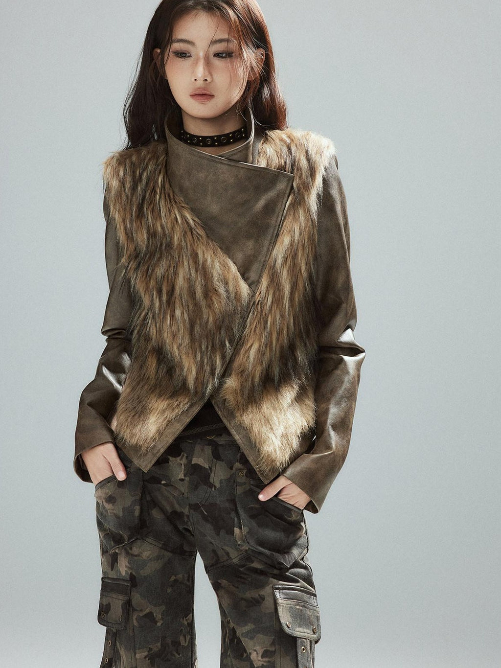 Thick Waist Cinch Patchwork Street Style Women Brown Zipper Lapel Cropped Jackets