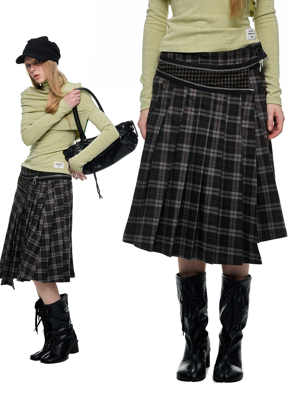 Oblique Zip Check Pleated Skirt