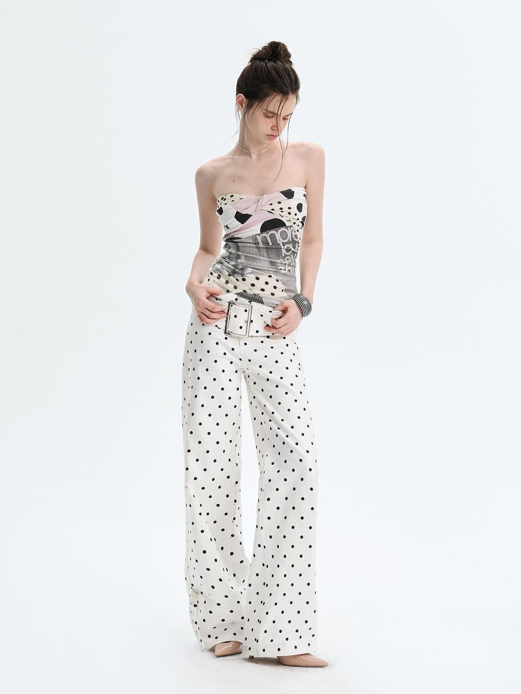 White Polka Dot V Waist Loose Fit Button Fly Women Denim Straight Leg Jeans