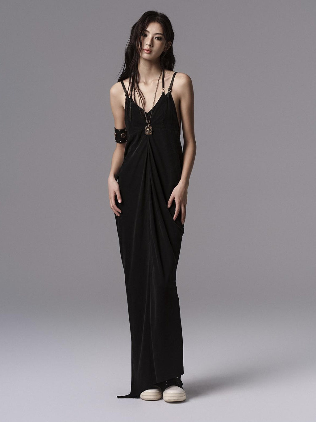 Pure Cupro Slim Fit Dark Gothic Vneck Camisole Women Black Zip Back Maxi Dresses