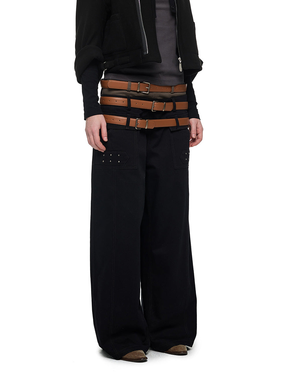 Triple Waist Belt Studded Wide Pants